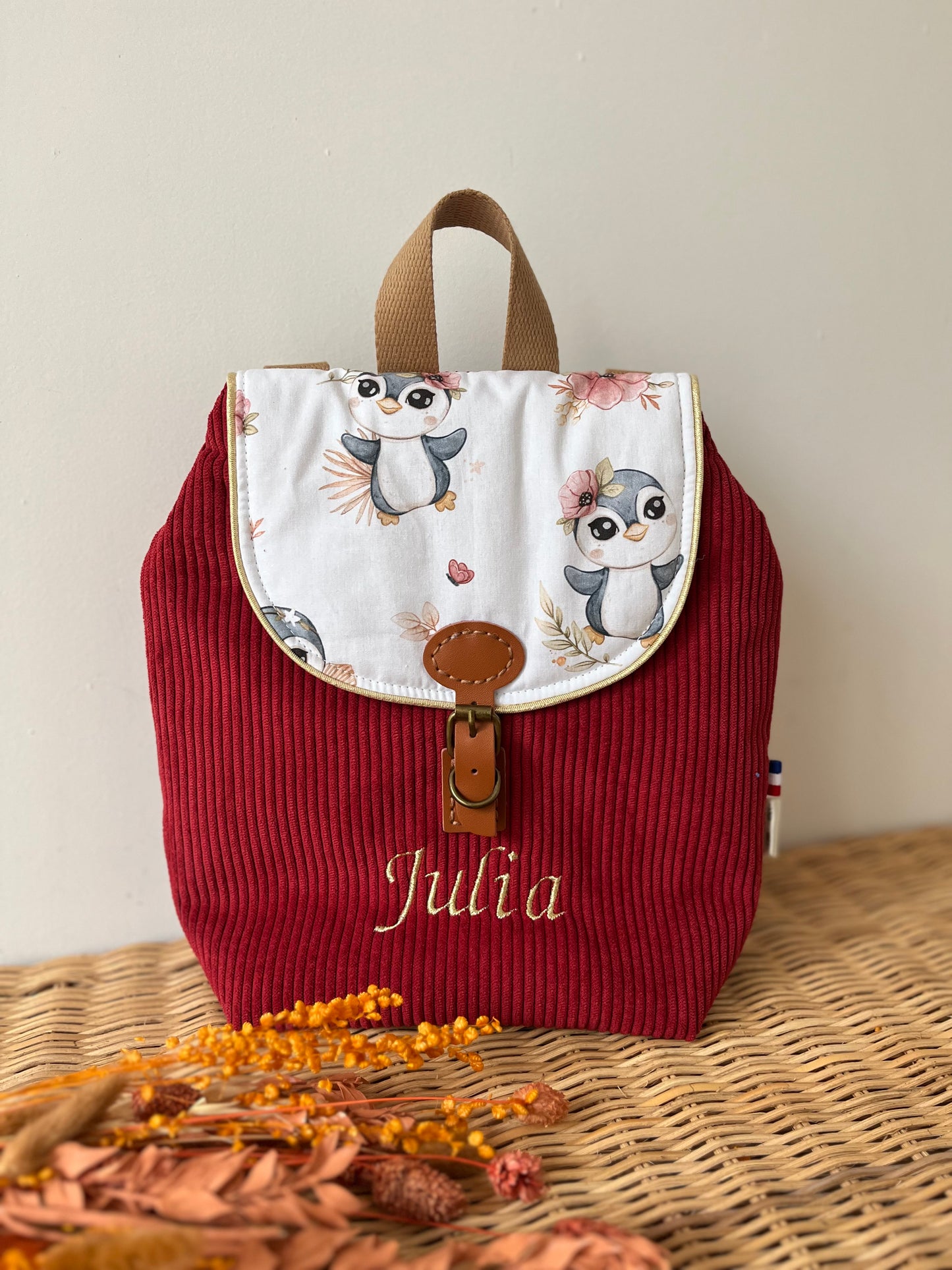 Personalized children's backpack with leather strap