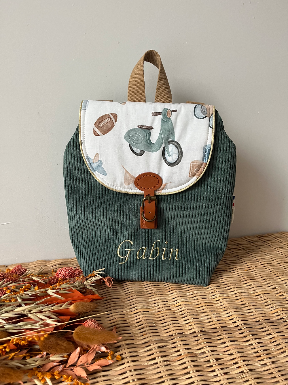 Personalized children's backpack with leather strap